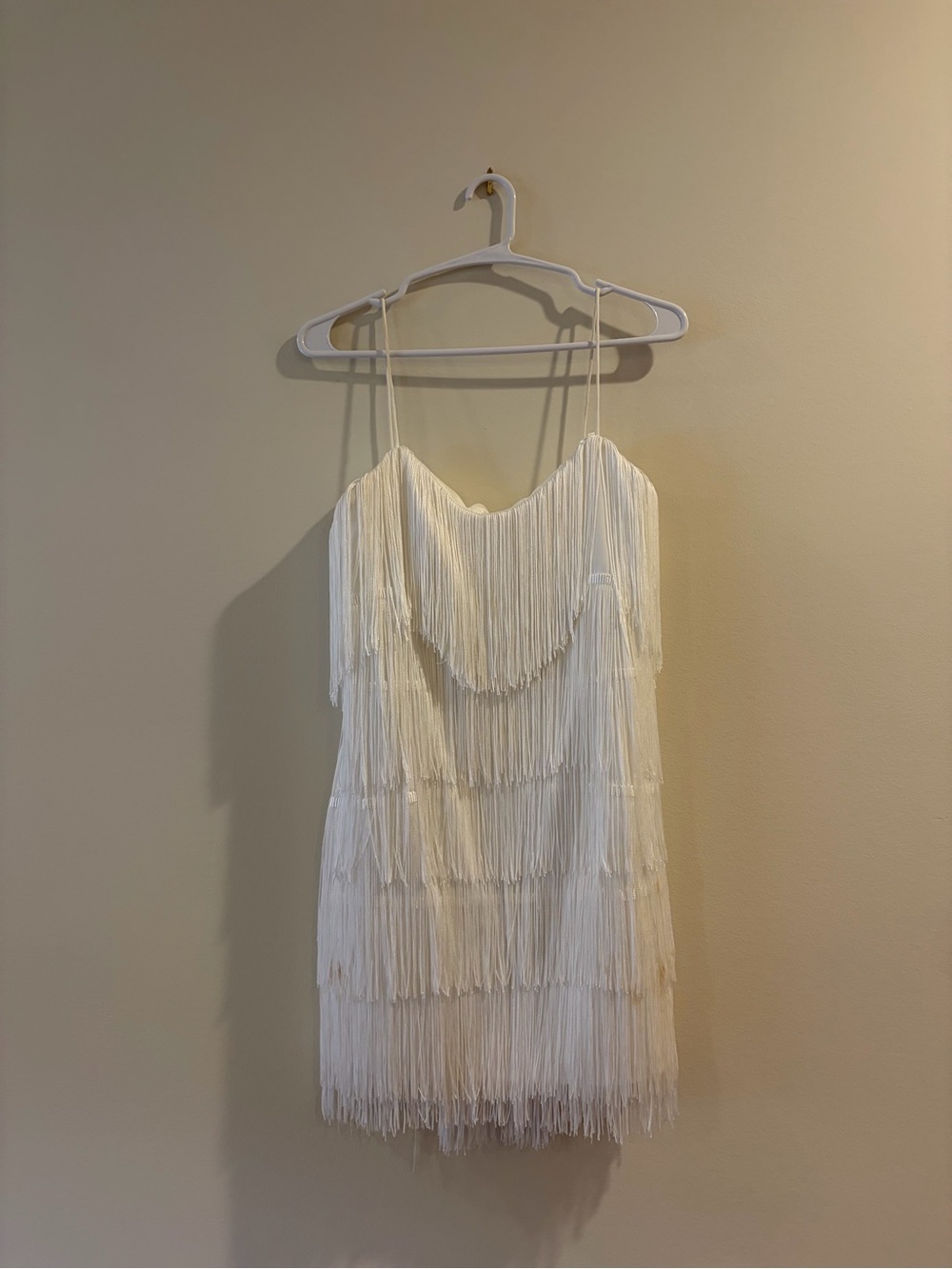 Jenny Yoo Tula White Fringe Slip Dress with Spaghetti Straps - Picture 2 of 5